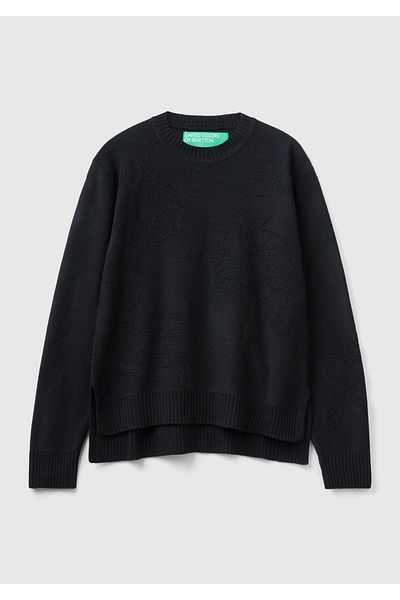 United Colors of Benetton Pulover de damă din cașmir negru și amestec de lână cu imprimeu cu gât crew
