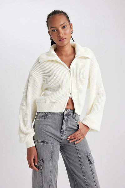 DeFacto Slim-Fit-Strickjacke mit Polokragen und Reißverschluss – A3333ax23cw