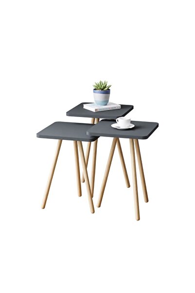 interGO Üçlü Ahşap Ayaklı Kare Tasarım Gri Zigon Sehpa