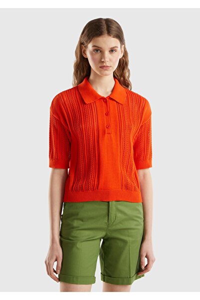 United Colors of Benetton Pomegranate Flower Patterned Women's Knitwear T-Shirt - 100% Cotton, Drawstring Sleeves, Polo Collar