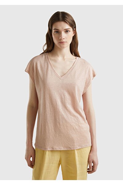 United Colors of Benetton Γυναικείο T-Shirt 100% λινό σε πούδρα - Άνετη εφαρμογή, βαθύ λαιμόκοψη V, αμάνικο