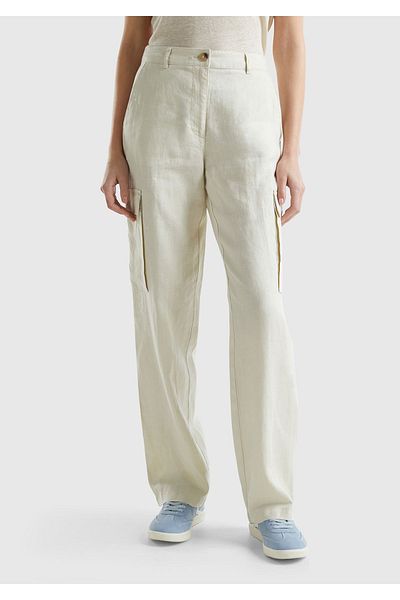United Colors of Benetton Women's Beige 100% Linen Cargo Pants