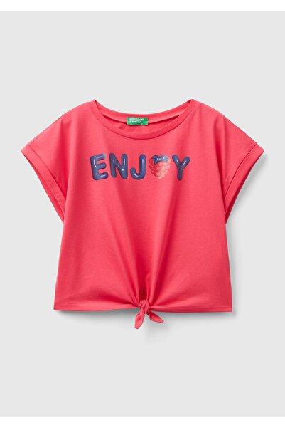 United Colors of Benetton Φούξια Crop T-Shirt για κορίτσια - Εκτύπωση συνθήμα...