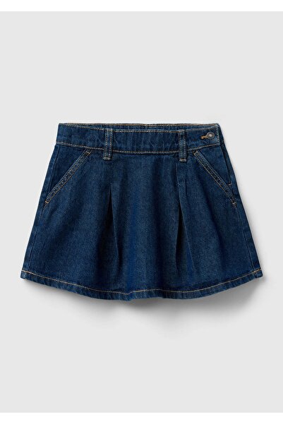 United Colors of Benetton Navy Blue Belted Pleated Mini Denim Girl's Skirt
