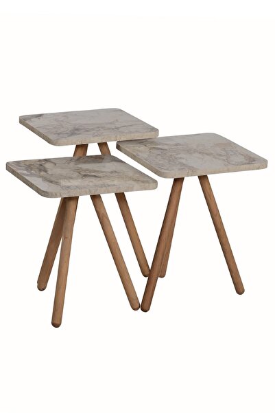 interGO Üçlü Zigon Sehpa Ahşap Ayaklı Kare Tasarım Krem Mermer Desenli