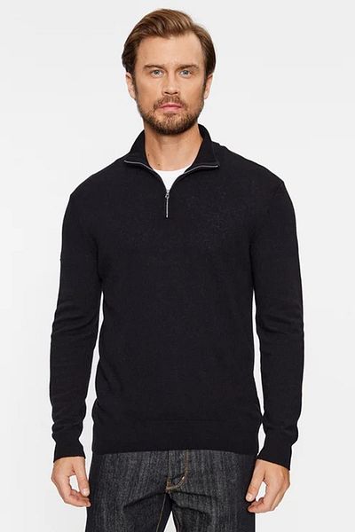 United Colors of Benetton Pulover negru 100% Merino pentru bărbați, cu jumătate de fermoar
