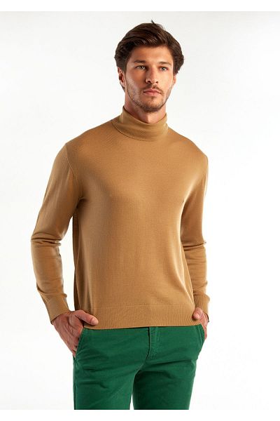 United Colors of Benetton Мъжки пуловер с яка стойка в кафяв цвят от 100% екстра фин меринос