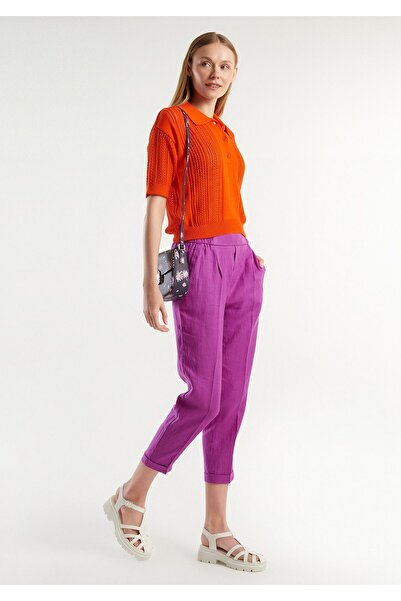 United Colors of Benetton Women's purple 100% linen elastic waist pants