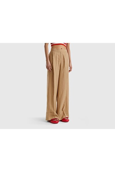 United Colors of Benetton Светлокафяв ленен широк панталон - Еластична талия