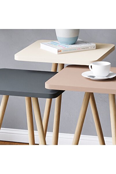 interGO Renkli Üçlü Zigon Sehpa Ahşap Ayaklı Kare Pastel Tasarım Gri Krem Cappuccino