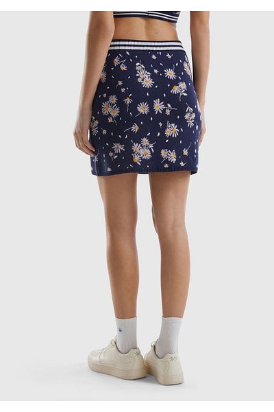 United Colors of Benetton Σκούρο Navy Blue Floral μοτίβο 100% βαμβακερή γυναικεία μίνι φούστα - Λεπτομέρεια μέσης