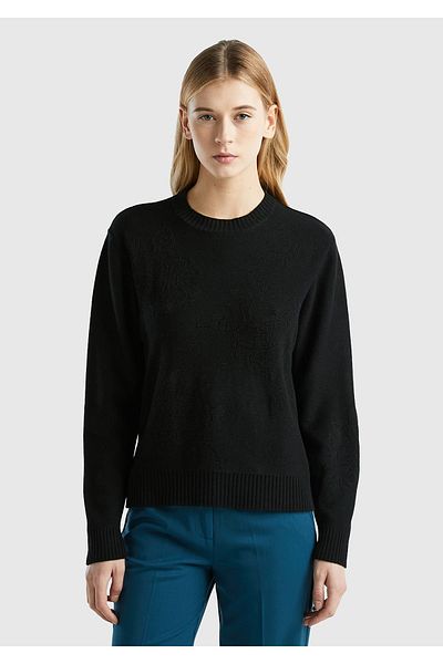 United Colors of Benetton Pulover de damă din cașmir negru și amestec de lână cu imprimeu cu gât crew
