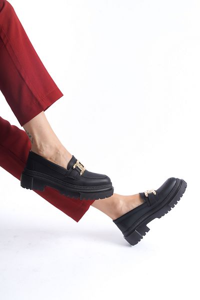 Moda Değirmeni Loafer Capone negru pentru femei - cu cataramă și piele BG1095-113-0002