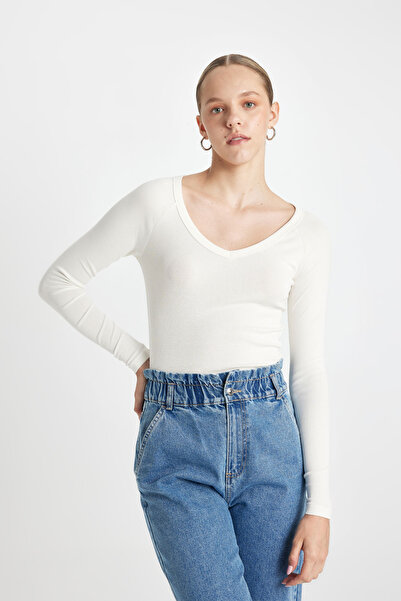 DeFacto Žebrované tričko s dlouhým rukávem s výstřihem do V – vypasované