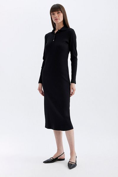 DeFacto Žebrovaná košilka - Midi šaty Bodycon Polo s výstřihem, dlouhý rukáv