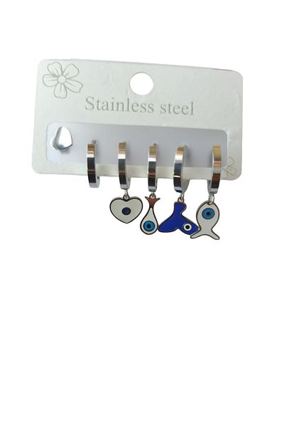 petrimor Steel Silver 6-Piece Evil Eye Bead Detailed Fish Figure Earrings