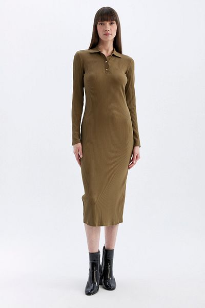 DeFacto Polo Neck Ribbed Camisole - Long Sleeve Midi Dress