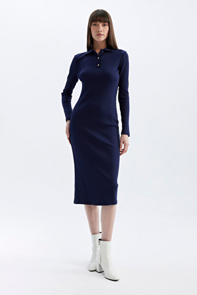 DeFacto Sukienka midi z długim rękawem i prążkowanym topem z golfem