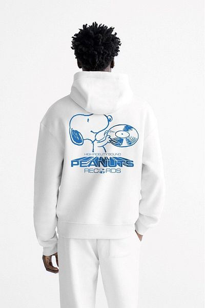 The Champ Clothing Λευκό Oversize Hoodie - Φούτερ με κουκούλα, Fleece Peanuts Letter, Snoopy Pattern Printed