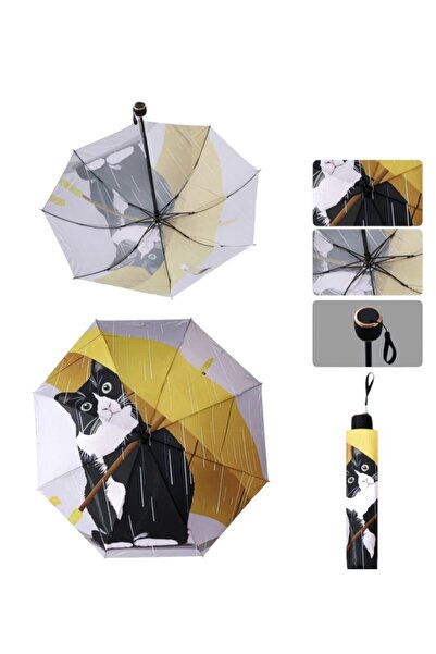VANCKEY Üç Boyutlu Renkli Kedi Desenli 8 Telli Manuel Rüzgara Dayanıklı Şemsiye