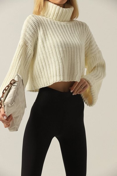 Stories Women's Ecru Turtleneck Crop Knitwear Sweater