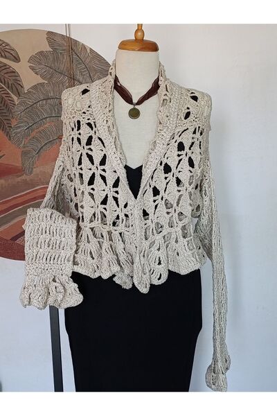 Hippybutik Bej/Taş Rengi Fırfır Volan Detaylı Ajur Çift Giyim Özellikli Hırka