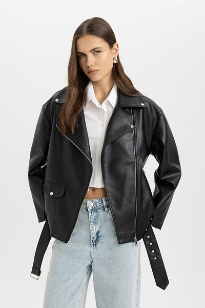 DeFacto Wasserabweisende, weit geschnittene Biker-Lederjacke B1903ax24au