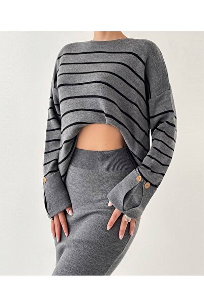 Lusin Mıor Colorful Women's Knitwear Sweater and Skirt Set - Button and Slit Detail