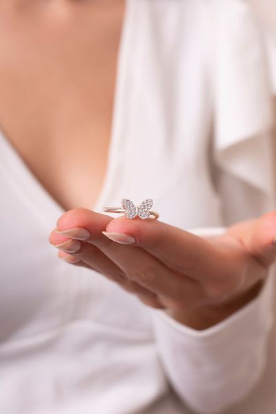 Eva Jewelry خاتم نسائي بطبقة فضية اللون قابلة للتعديل على شكل فراشة