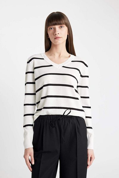 DeFacto Relax Fit V-Neck Soft Textured Striped Knitwear Sweater 3113229