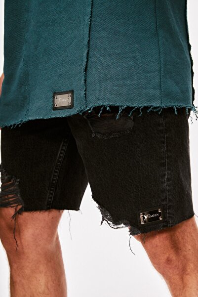 THIMOON Men's Black Denim Shorts - Laser Ripped