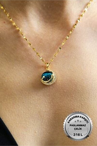 NOVAFACE قلادة كوكب الهلال الأزرق - ستانلس ستيل 316 لتر، حجر الزركون الذهبي، ...
