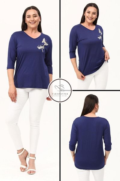 tarzımsüper New Season Plus Size Comfortable Stretchy Butterfly Embroidered Patterned Half Sleeve Blouse
