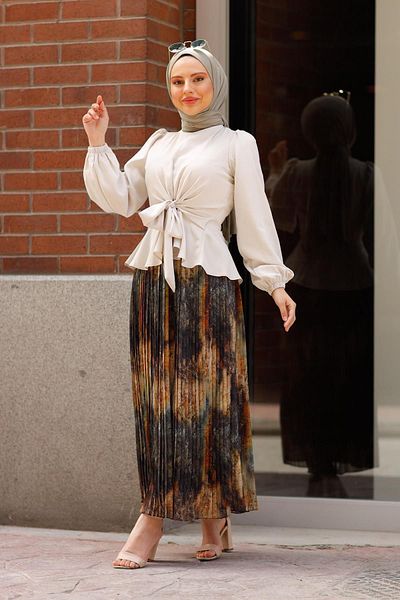 meqlife Front Tie Blouse - Beige