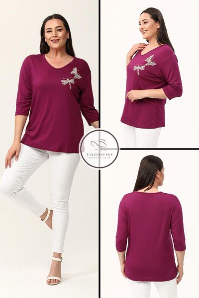 tarzımsüper New Season Plus Size Comfortable Stretchy Butterfly Embroidered Patterned Half Sleeve Blouse