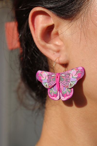 Gizy Store Pink Butterfly Patterned Polymer Clay Handmade Earrings