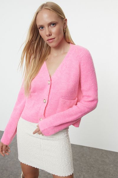 Trendyol Collection Трикотажний кардиган з кишенями TWOAW25HI00090 рожевого кольору з V-подібним вирізом горловини