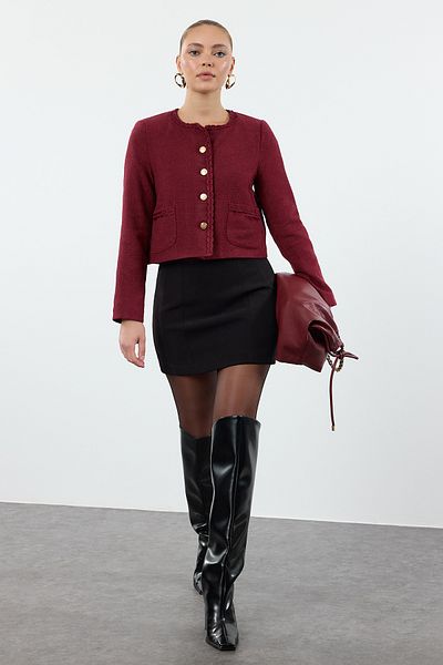 Trendyol Collection Weinrote Tweed-Kurzjacke - TWOAW24CE00043
