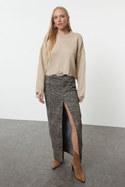 Trendyol Collection Pulover de tricotaj crop super lat cu textura moale - Stone TWOAW24KZ00319
