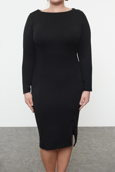 Trendyol Curve Μαύρο τετράγωνο λαιμό κρεπ πλεκτό φόρεμα συν μέγεθος TBBAW25AH00042