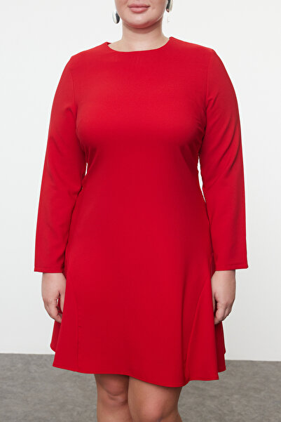 Trendyol Curve Plus Size Hidden Zip Long Sleeve Mini Dress - Red Basic Woven TBBAW25AH00054