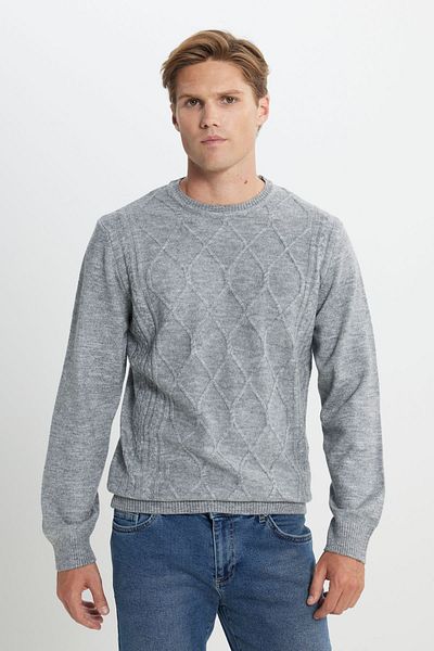 ALTINYILDIZ CLASSICS Graumelierter Herrenpullover mit Standard-Passform und normalem Schnitt und Rundhalsausschnitt mit Rüschen und weicher Struktur
