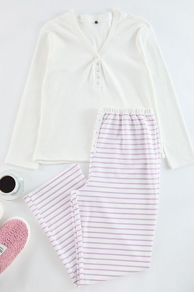 Trendyol Curve Lilac Striped Knitted Pajama Set - Snap Collar TBBAW25AI00006