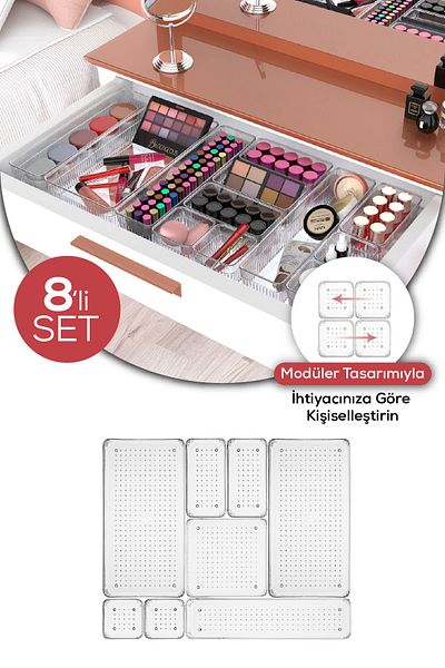 Vienev 8-Pack Clear Organizer - Drawer and Organizer, 2X(B.K. Dkdrtgn K.Square) 1X(D.Dkdrtgn B.Square)
