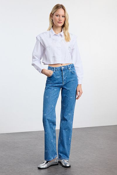 Trendyol Collection Blugi cu talie înaltă cu fundă albastră/panglică TWOAW25JE00193