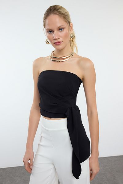 Trendyol Collection Black bez ramínek Crop Woven Bustier Tpraw25Bs00003