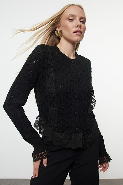 Trendyol Collection Black Crop Lace Garnish Openwork/Hollowed Knitwear Cardigan Twoaw24Kz01059