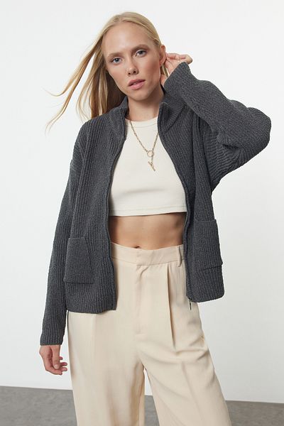 Trendyol Collection Anthracite Soft Texture Wide Fit Knitwear Cardigan - Pocket Detailed, Sustainable Twoaw25Hi00314