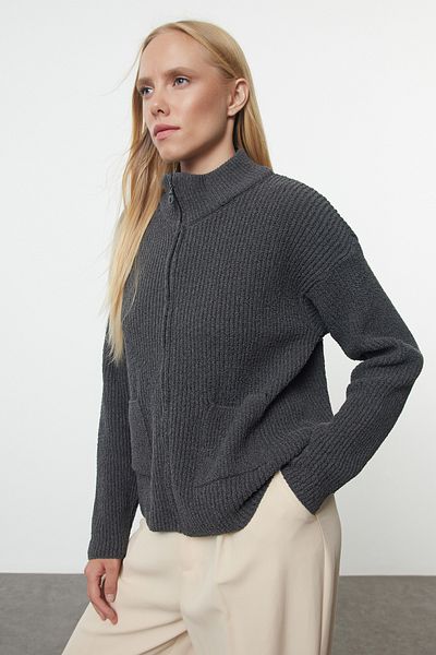 Trendyol Collection Anthracite Soft Texture Wide Fit Knitwear Cardigan - Pocket Detailed, Sustainable Twoaw25Hi00314