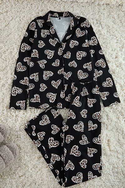 Trendyol Collection Set pijama neagră 100% bumbac tricotată inimă leopard THMAW25PT00142